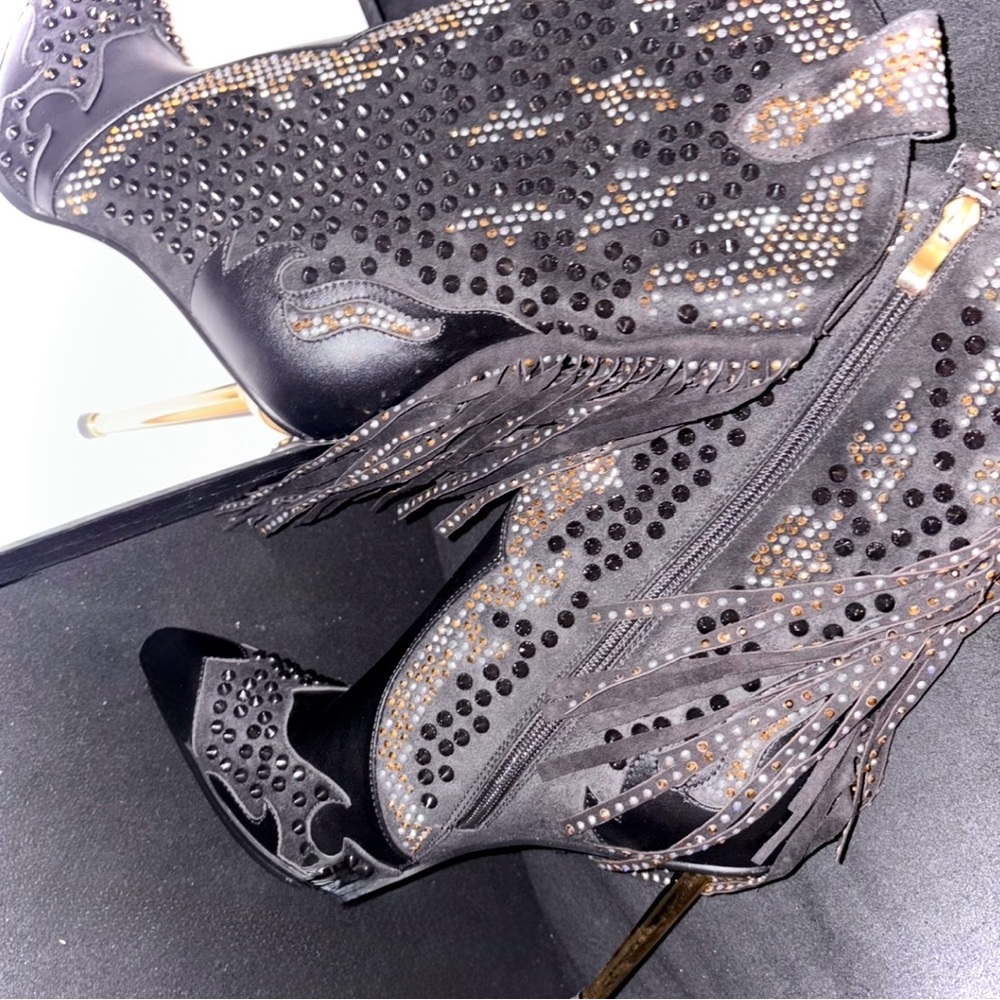Studded Black and Gold Heeled Boots